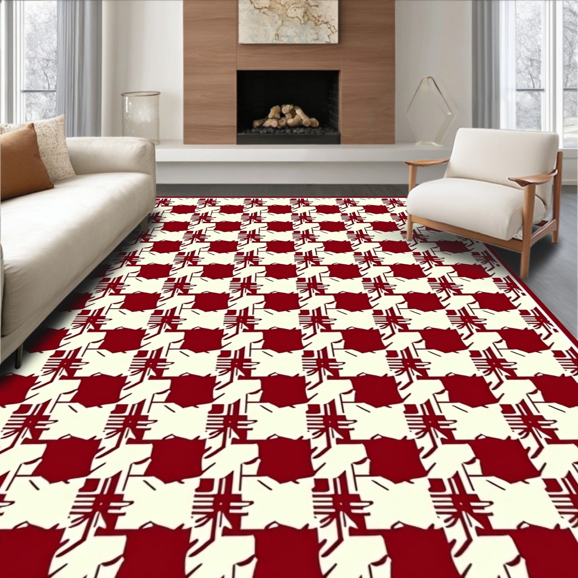 Classic Houndstooth Red Cream Rug
