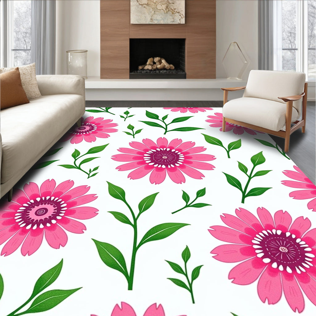 Bright Pink Daisy Floral Vines Rug