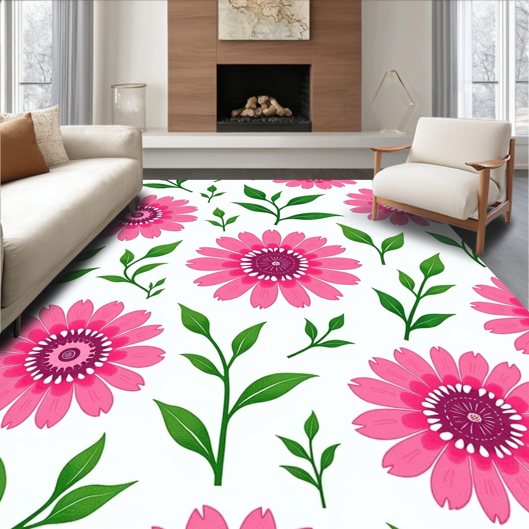 Bright Pink Daisy Floral Vines Rug