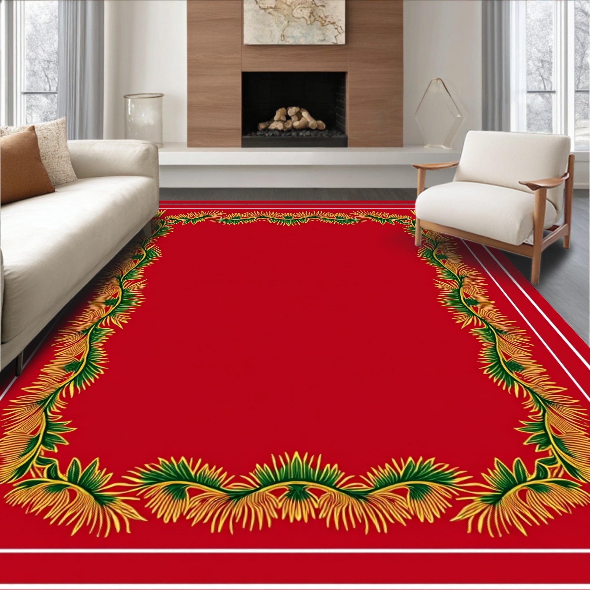 Crimson Green Leafy Border Rug