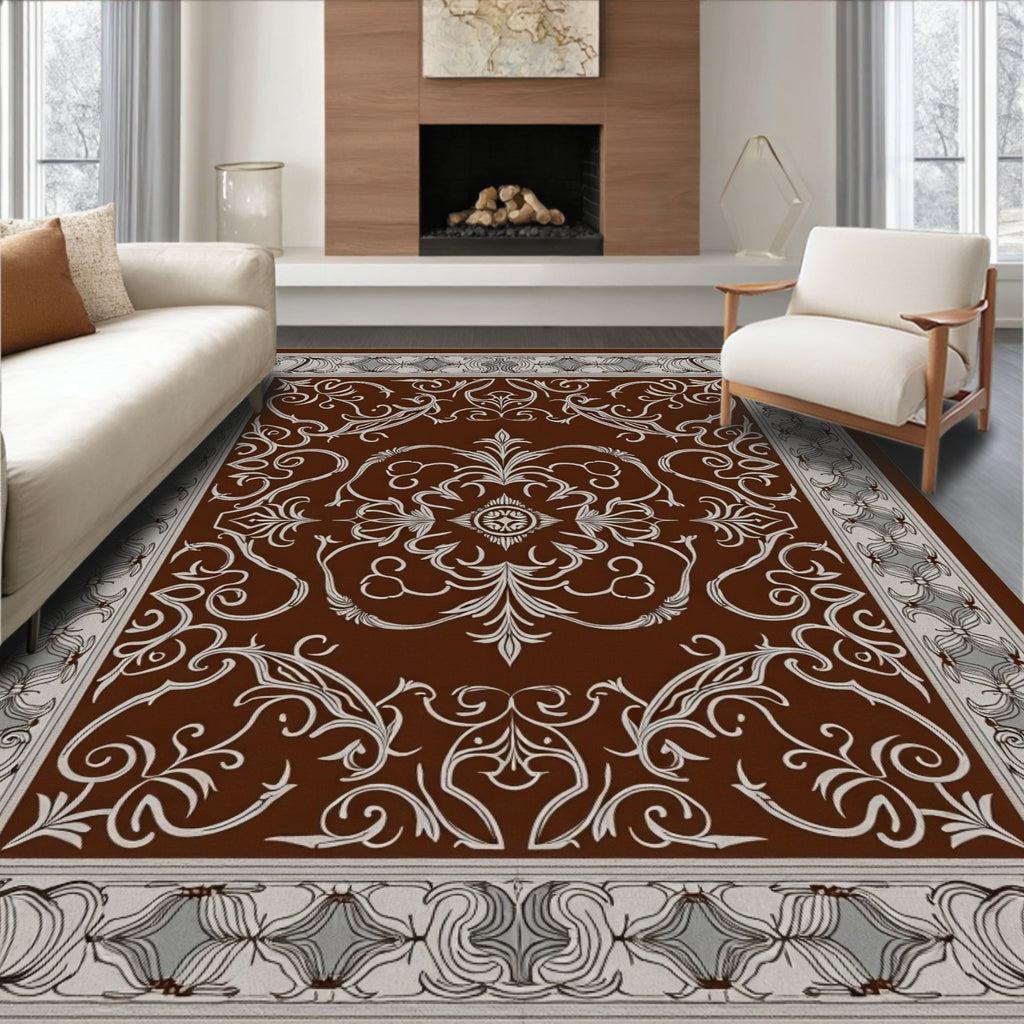 Ornate Brown and Beige Floral Scroll Rug