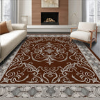 Ornate Brown and Beige Floral Scroll Rug