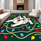 Playful White Cat Christmas Lights Rug