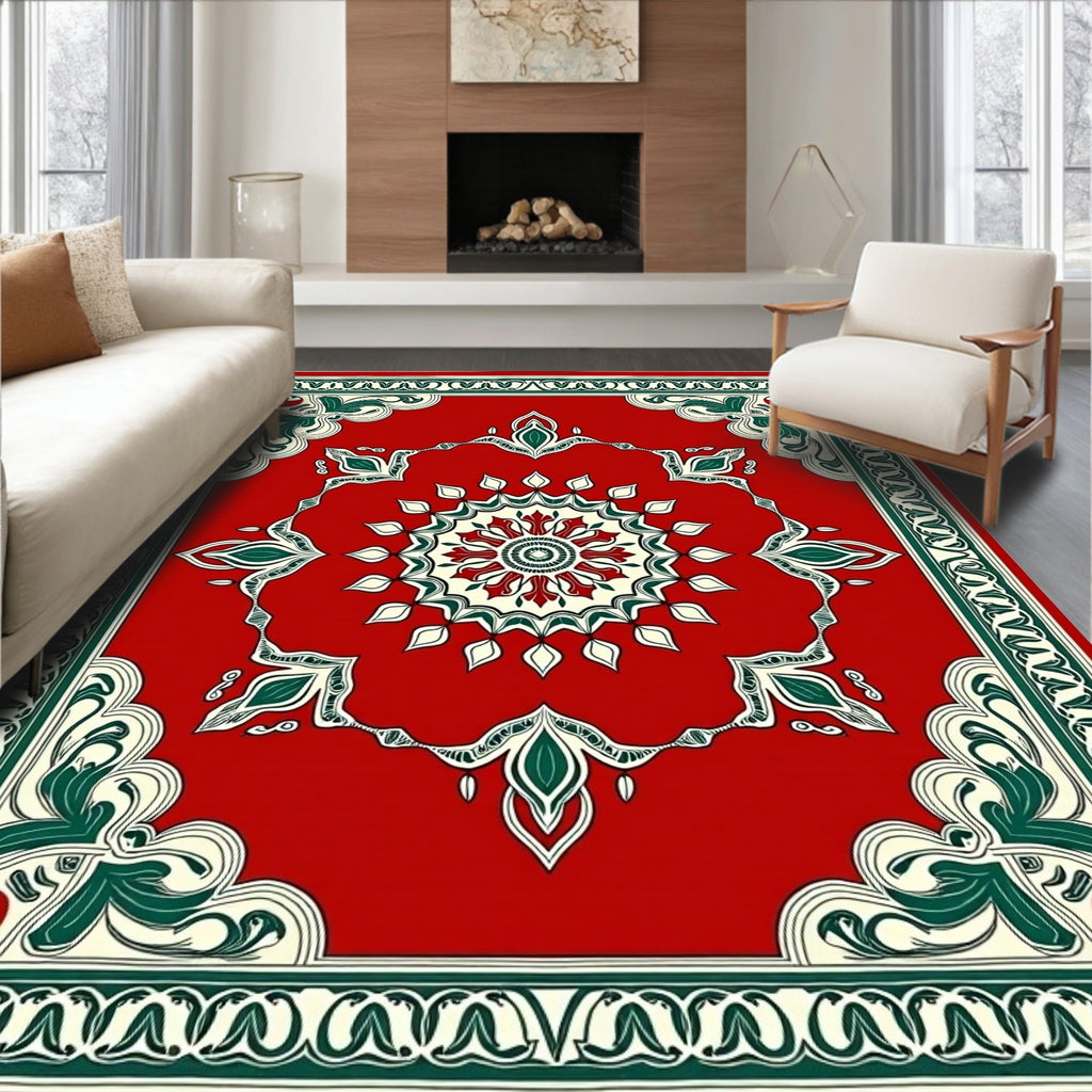 Crimson Green Floral Medallion Ornament Rug