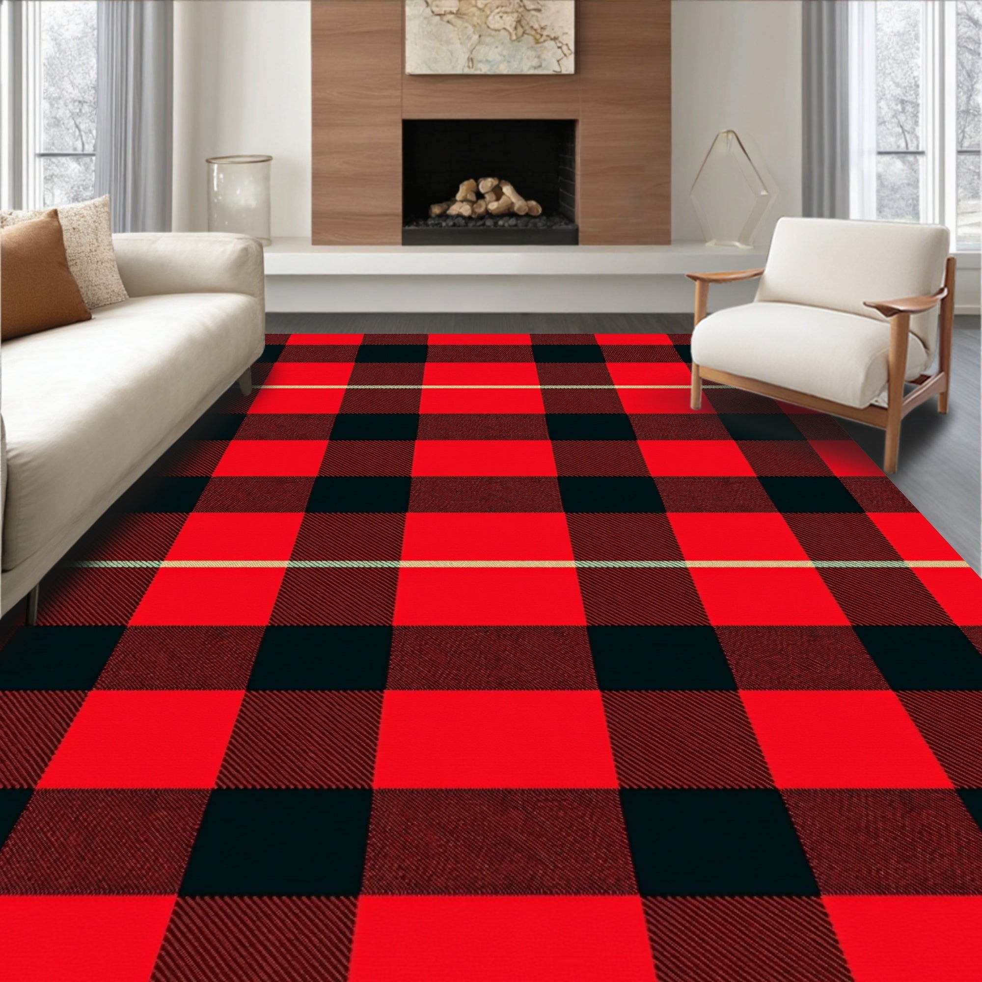 Classic Red Black Tartan Check Rug
