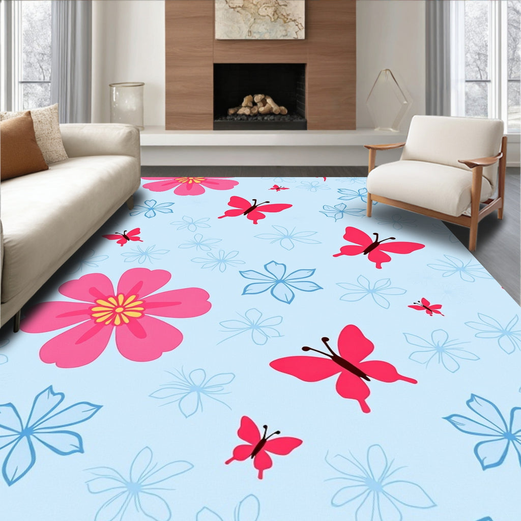 Whimsical Pink Butterfly Blue Flower Rug