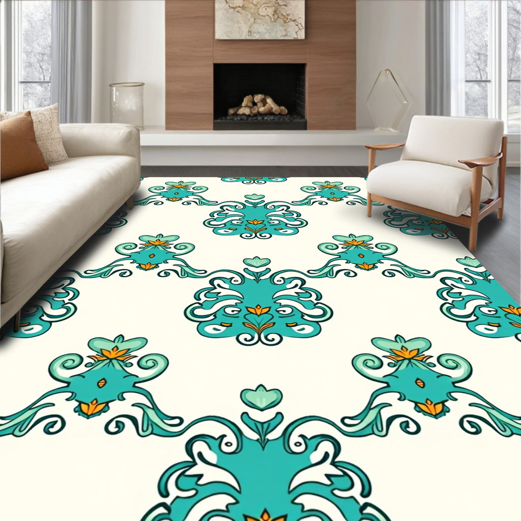Aqua Teal Orange Medallion Scroll Rug