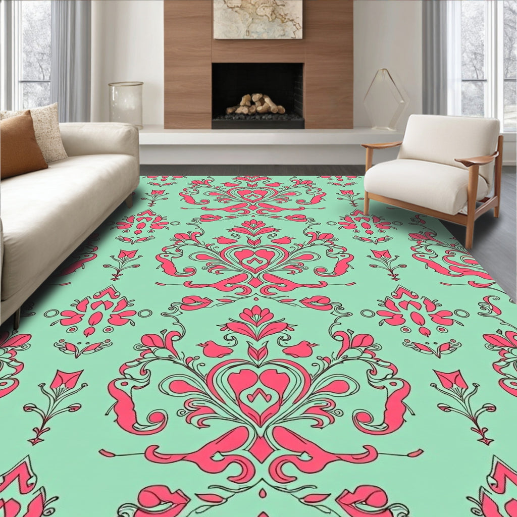 Ornate Pink Damask Mint Background Rug
