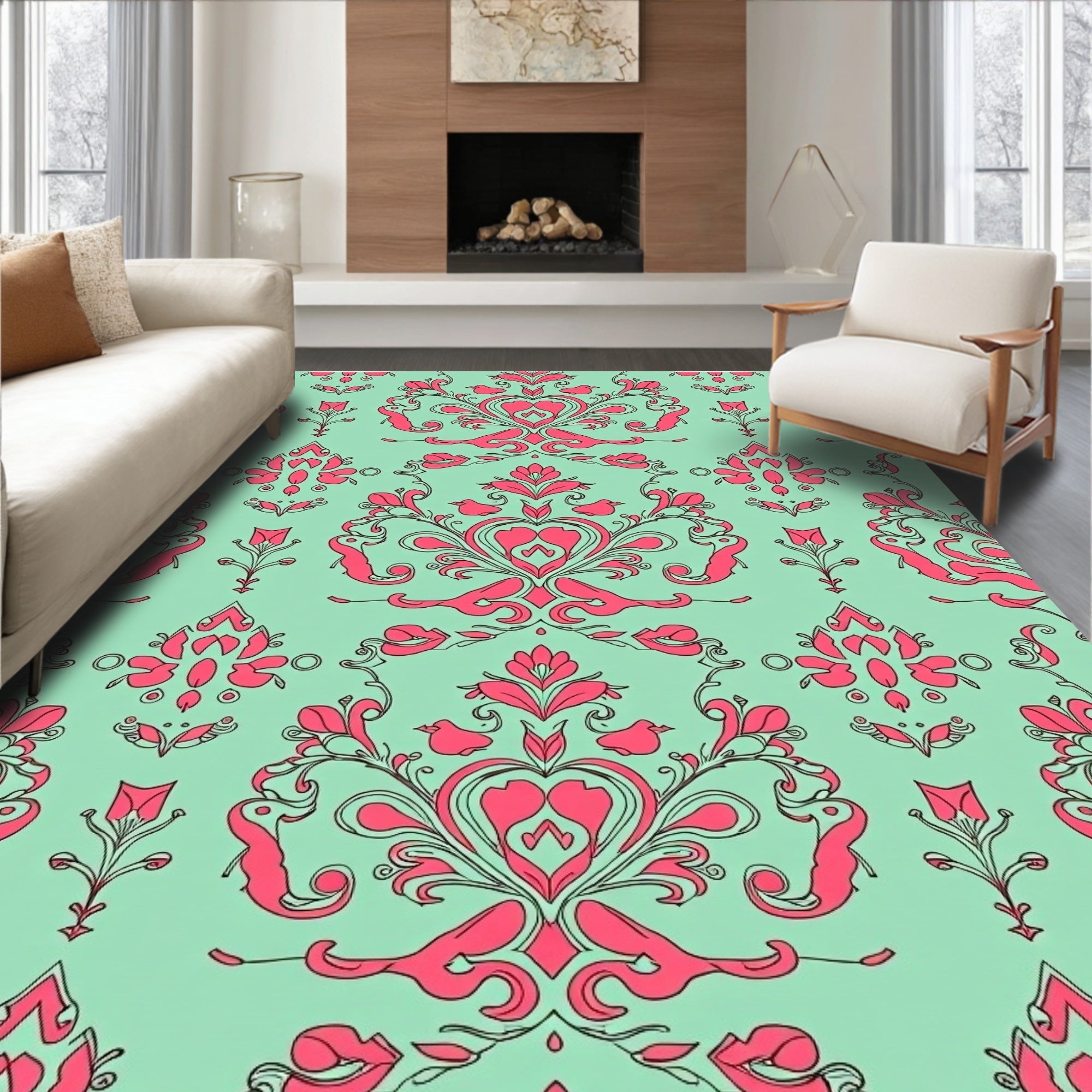 Ornate Pink Damask Mint Background Rug
