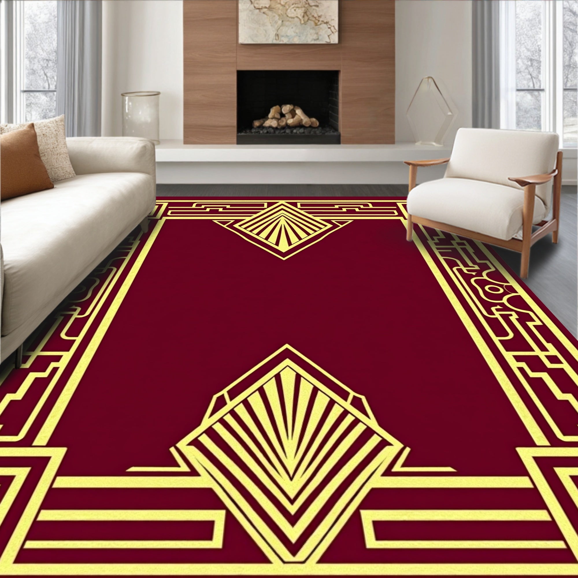 Elegant Gold Geometric Art Deco Frame Rug