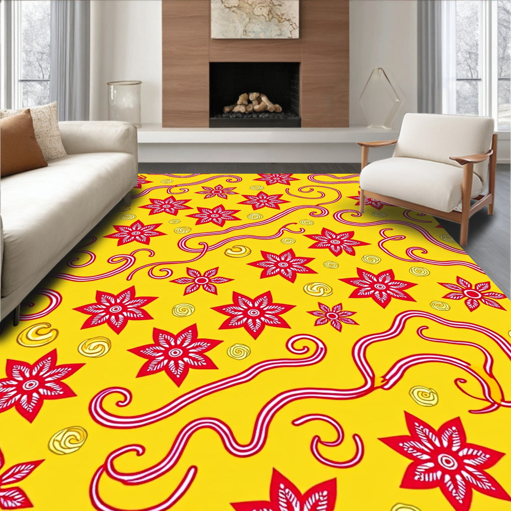 Red Starburst Swirls Yellow Rug