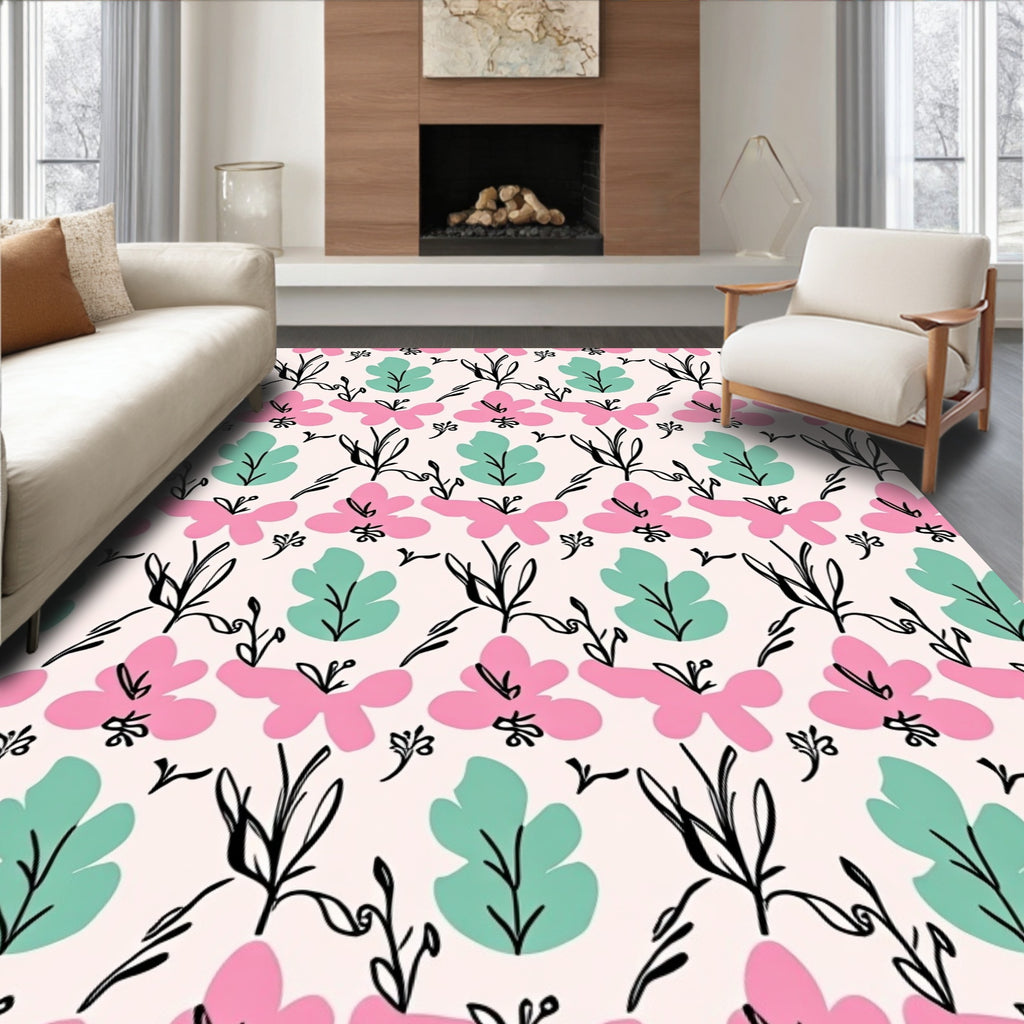Pink Mint Green Floral Vine Rug