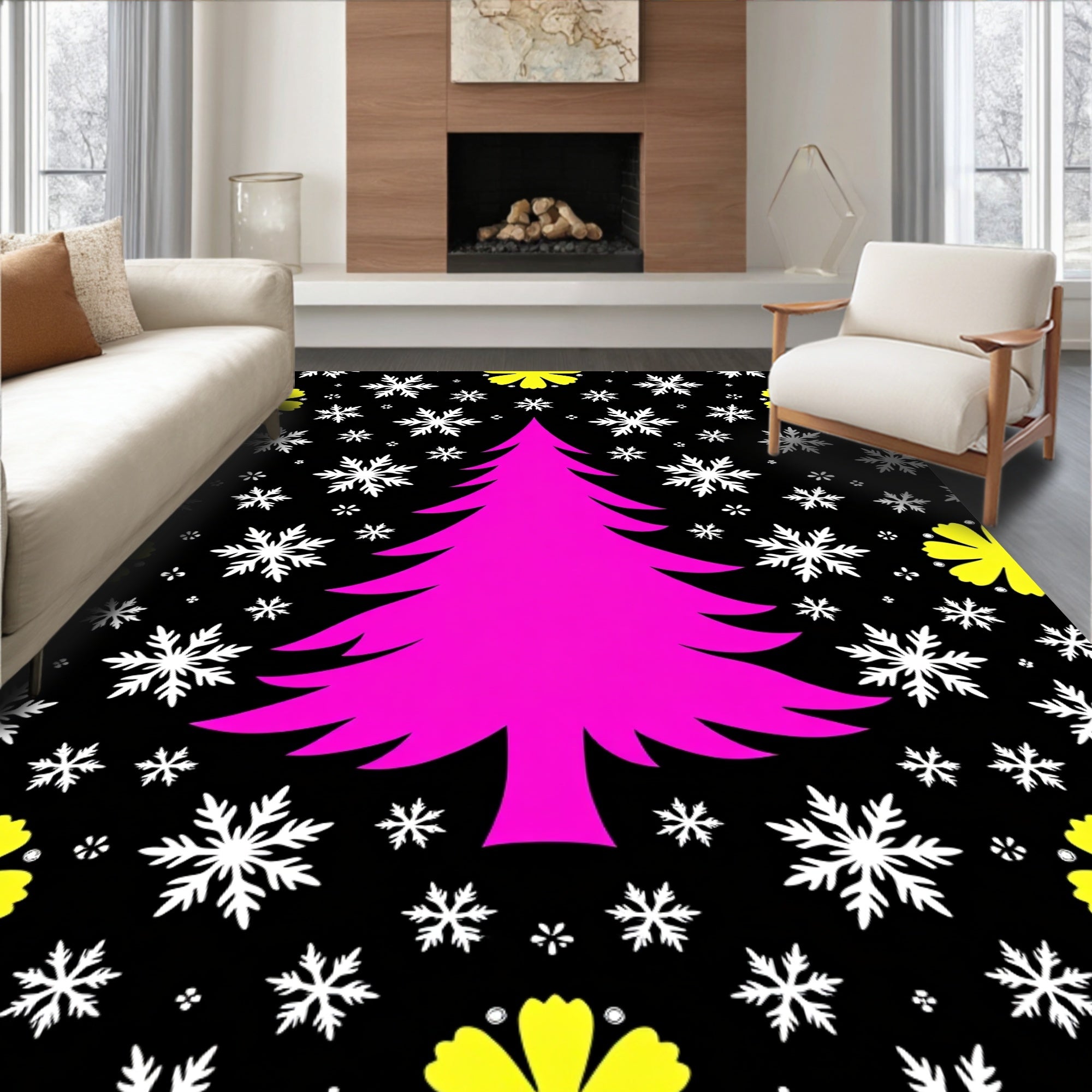 Bright Pink Christmas Tree Snowflakes Rug