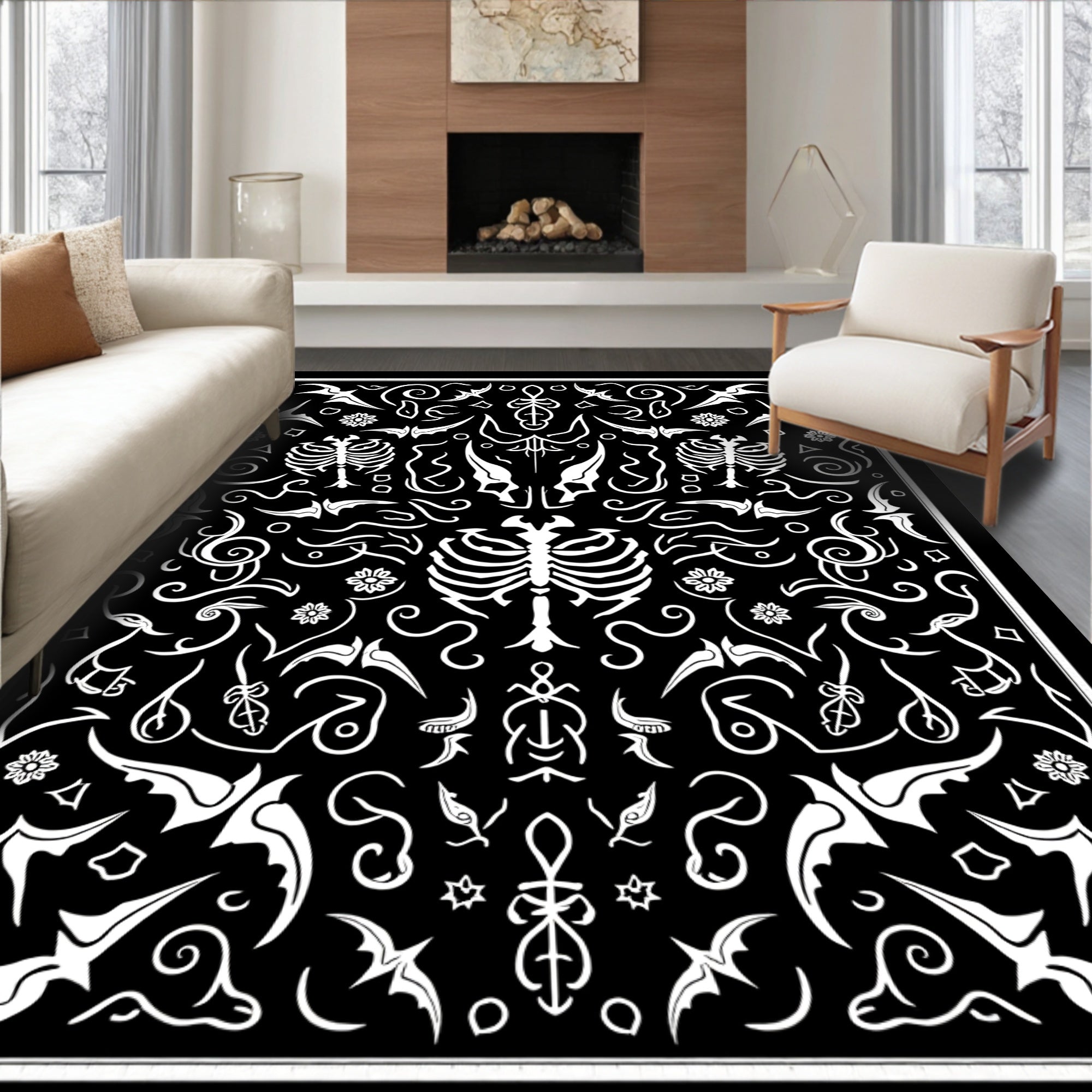 Black White Skeletal Goth Ornate Rug