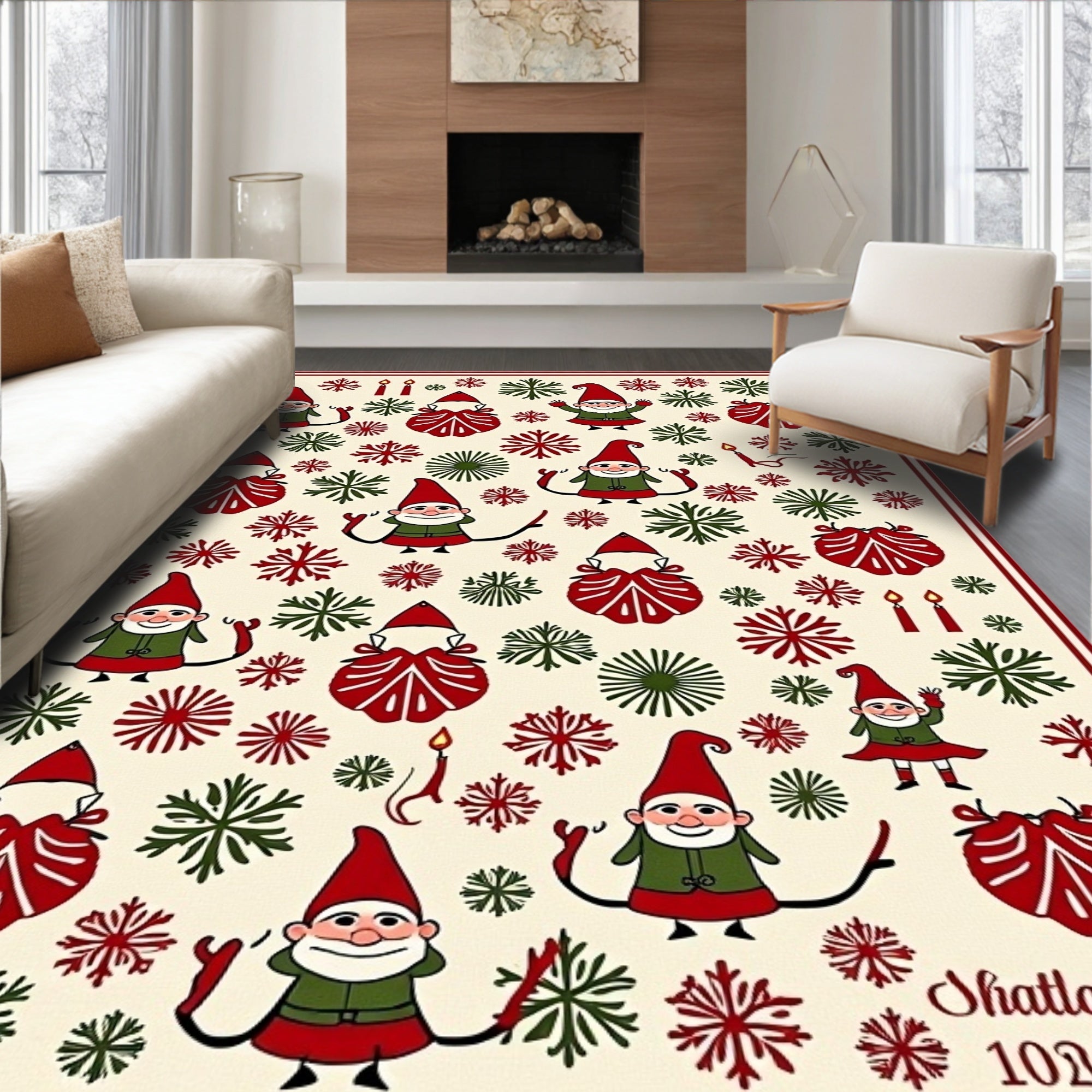 Festive Red Green Gnome Snowflake Scatter Rug