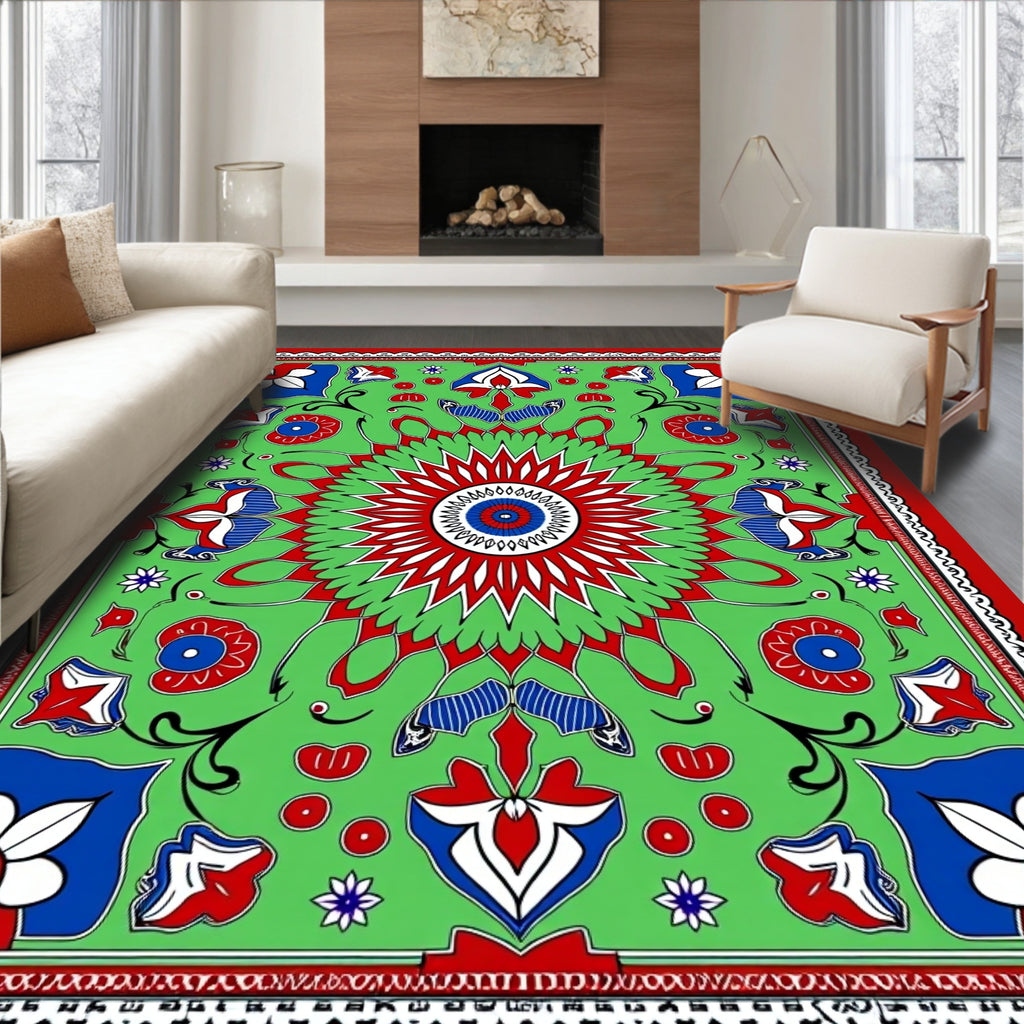 Vibrant Red Blue Green Floral Medallion Rug