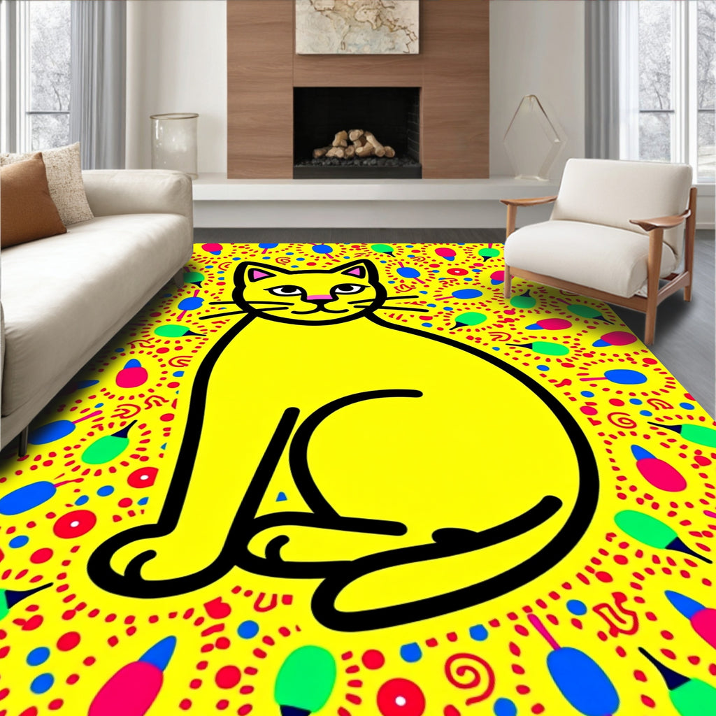 Vibrant Yellow Cat Abstract Fun Rug