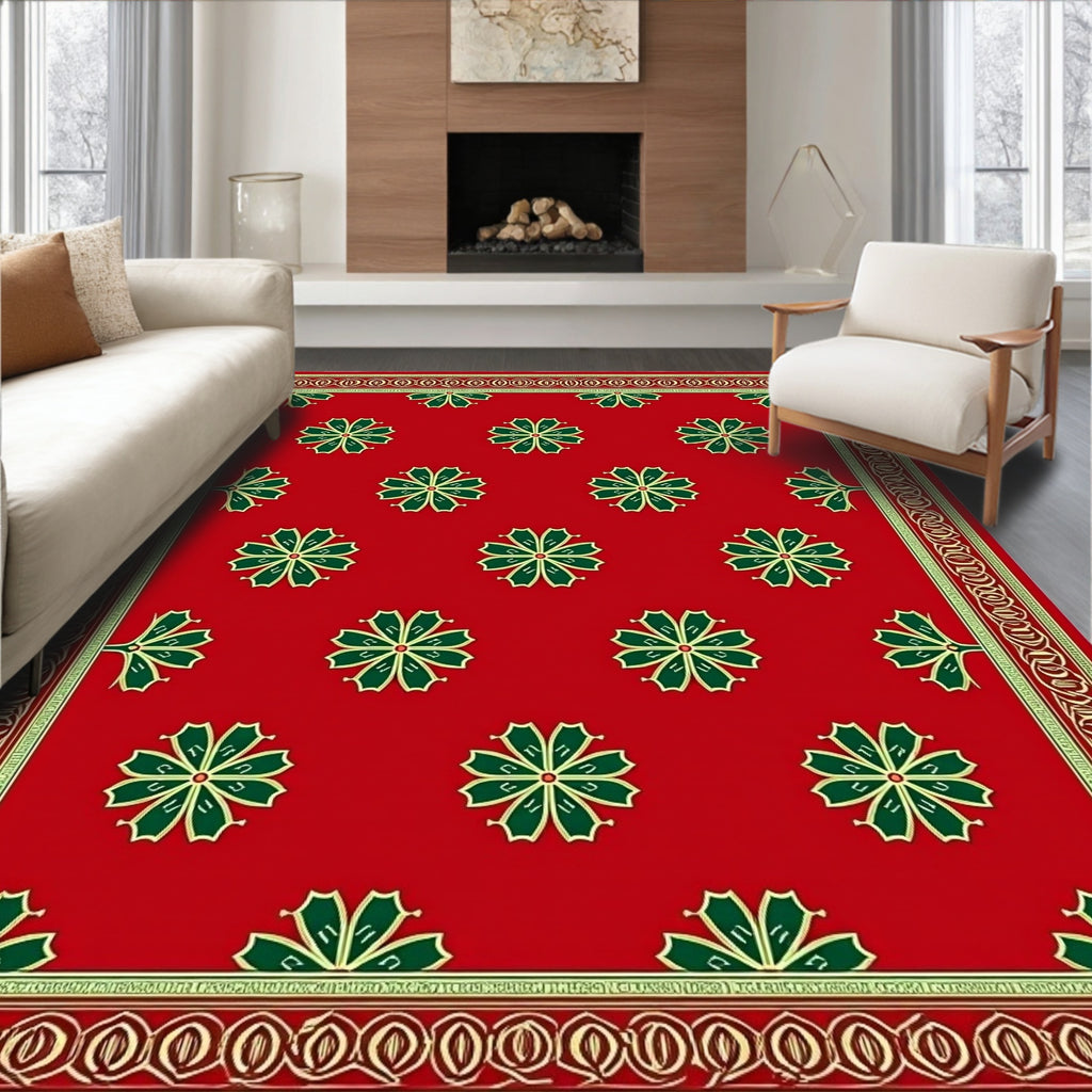 Crimson Green Floral Geometric Border Rug