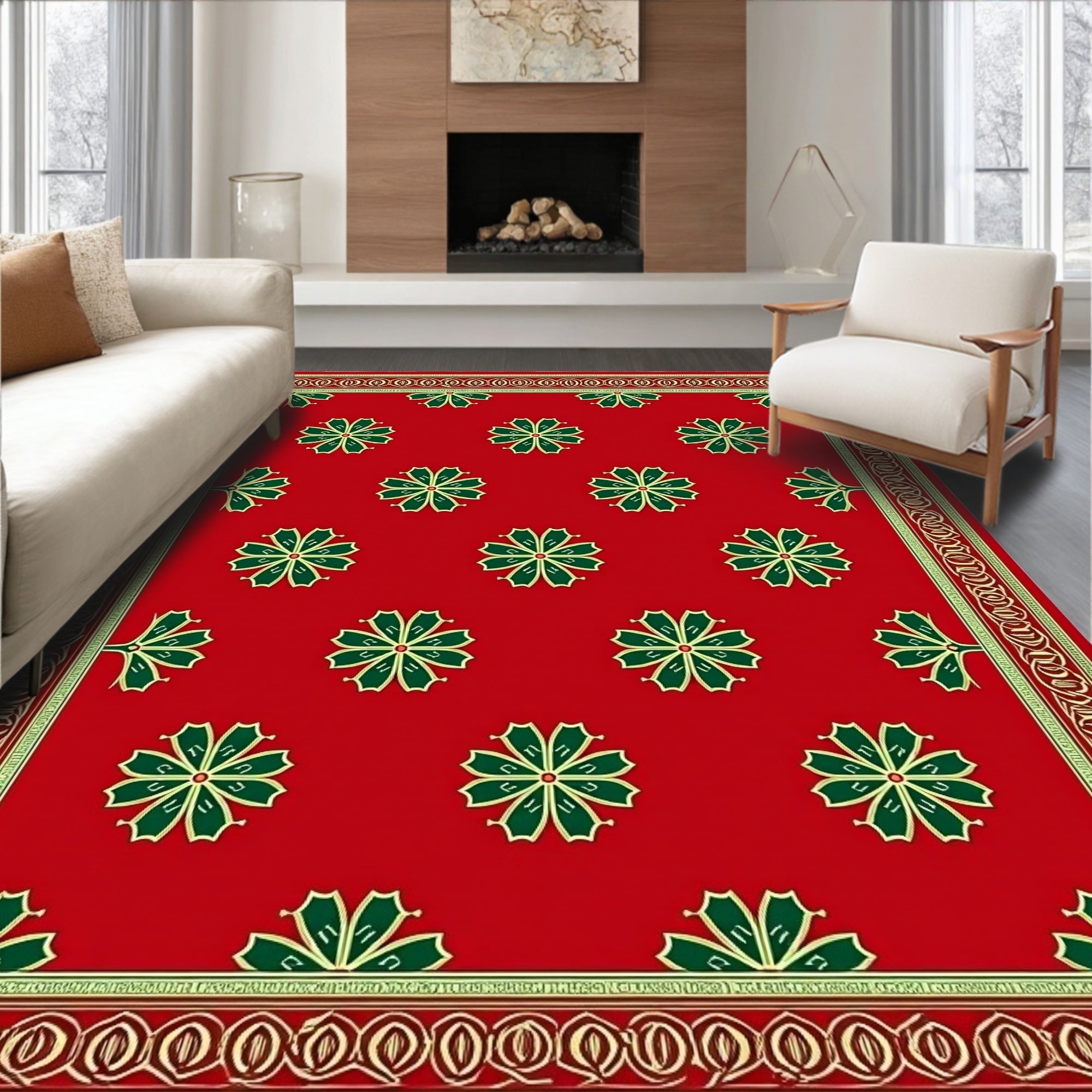 Crimson Green Floral Geometric Border Rug