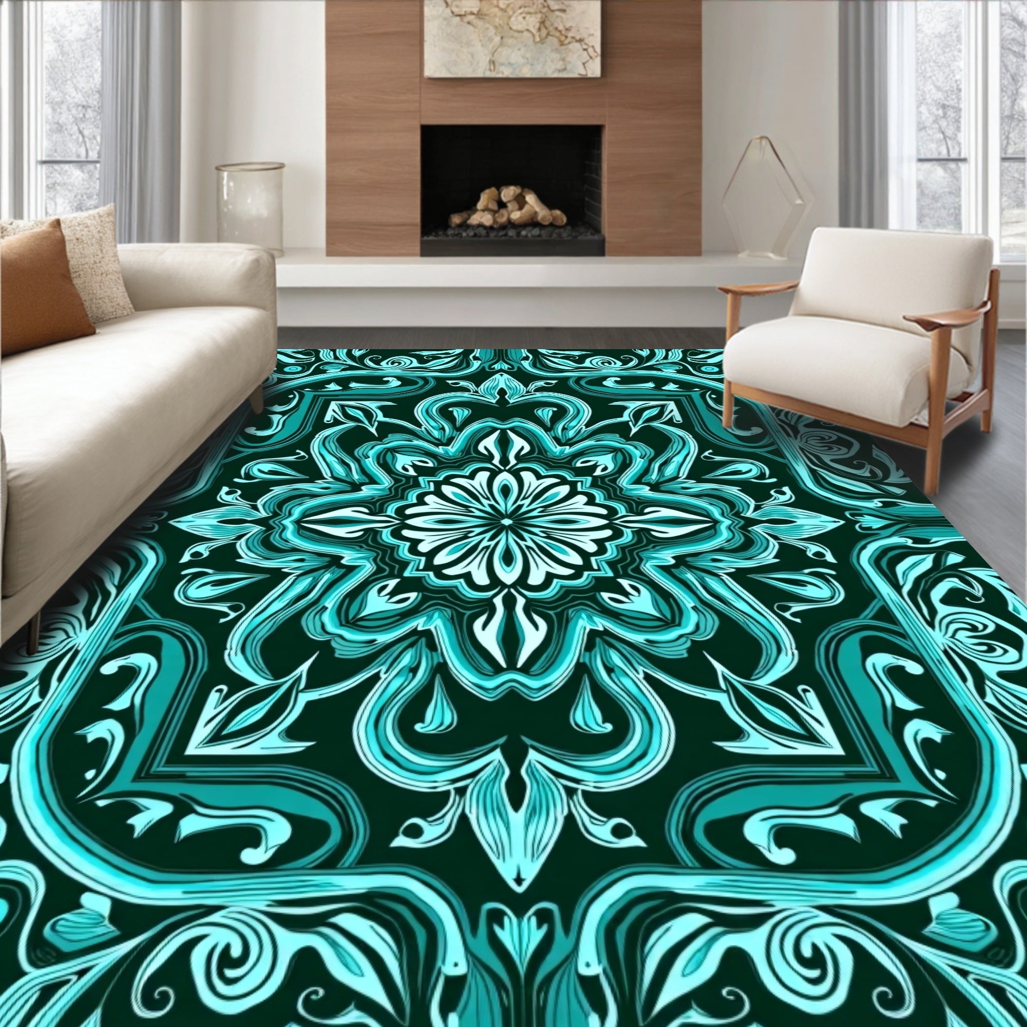 Teal Medallion Floral Swirl Rug