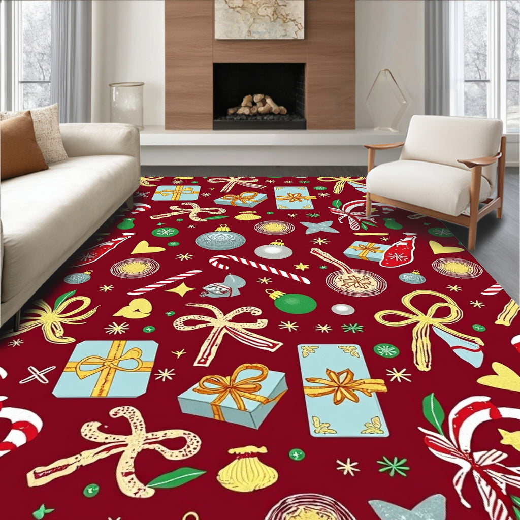 Festive Red Christmas Gift Ornaments Rug
