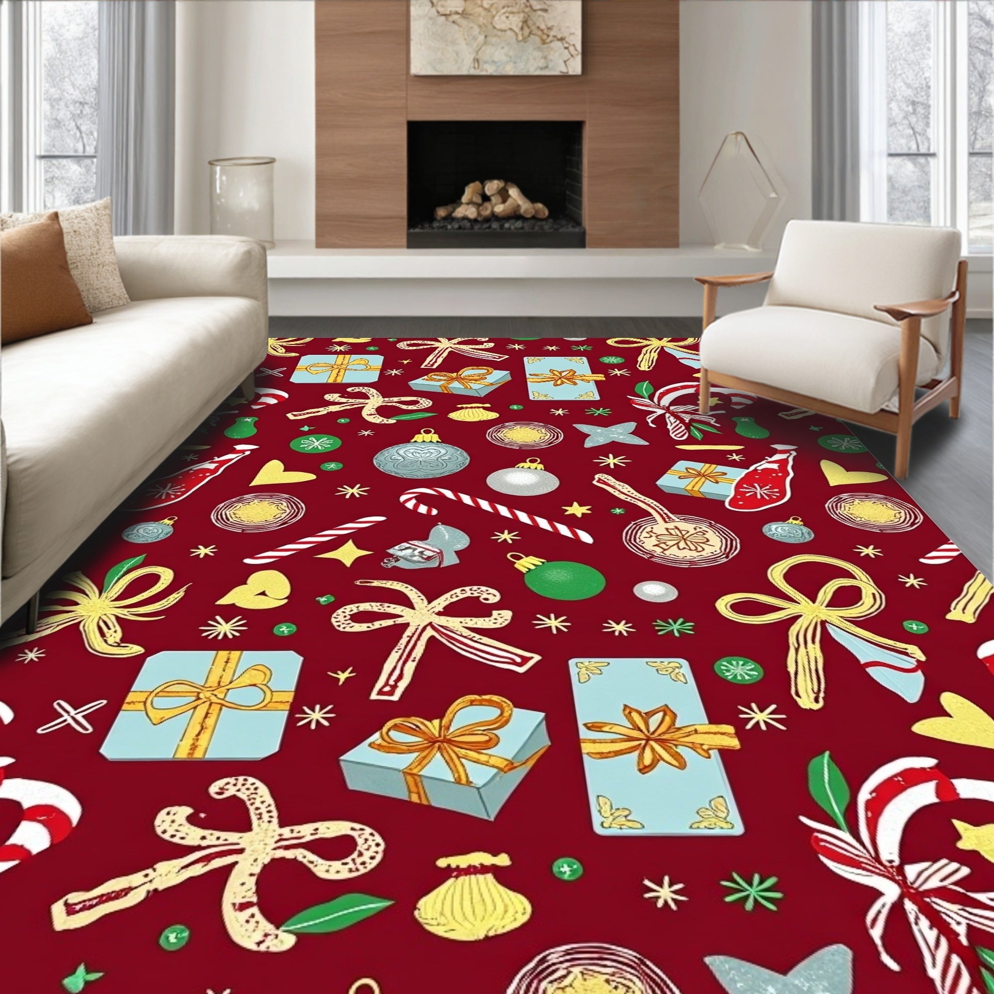 Festive Red Christmas Gift Ornaments Rug