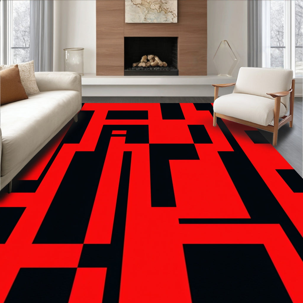 Bold Red Abstract Geometric Lines Rug