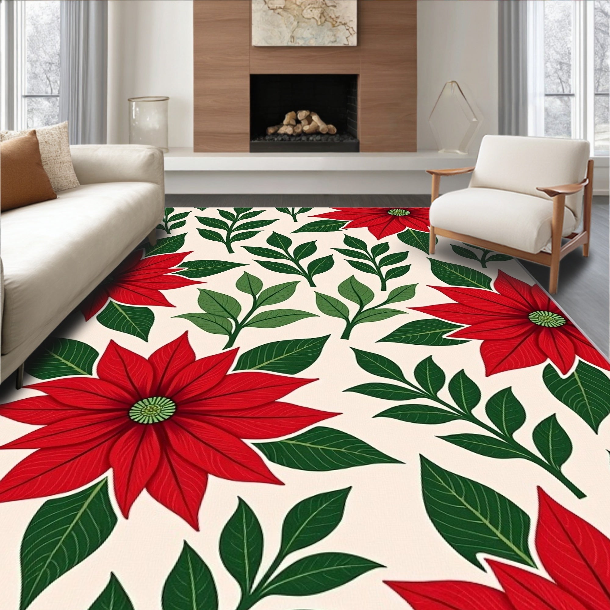 Red Poinsettia Floral Branch Cream Rug