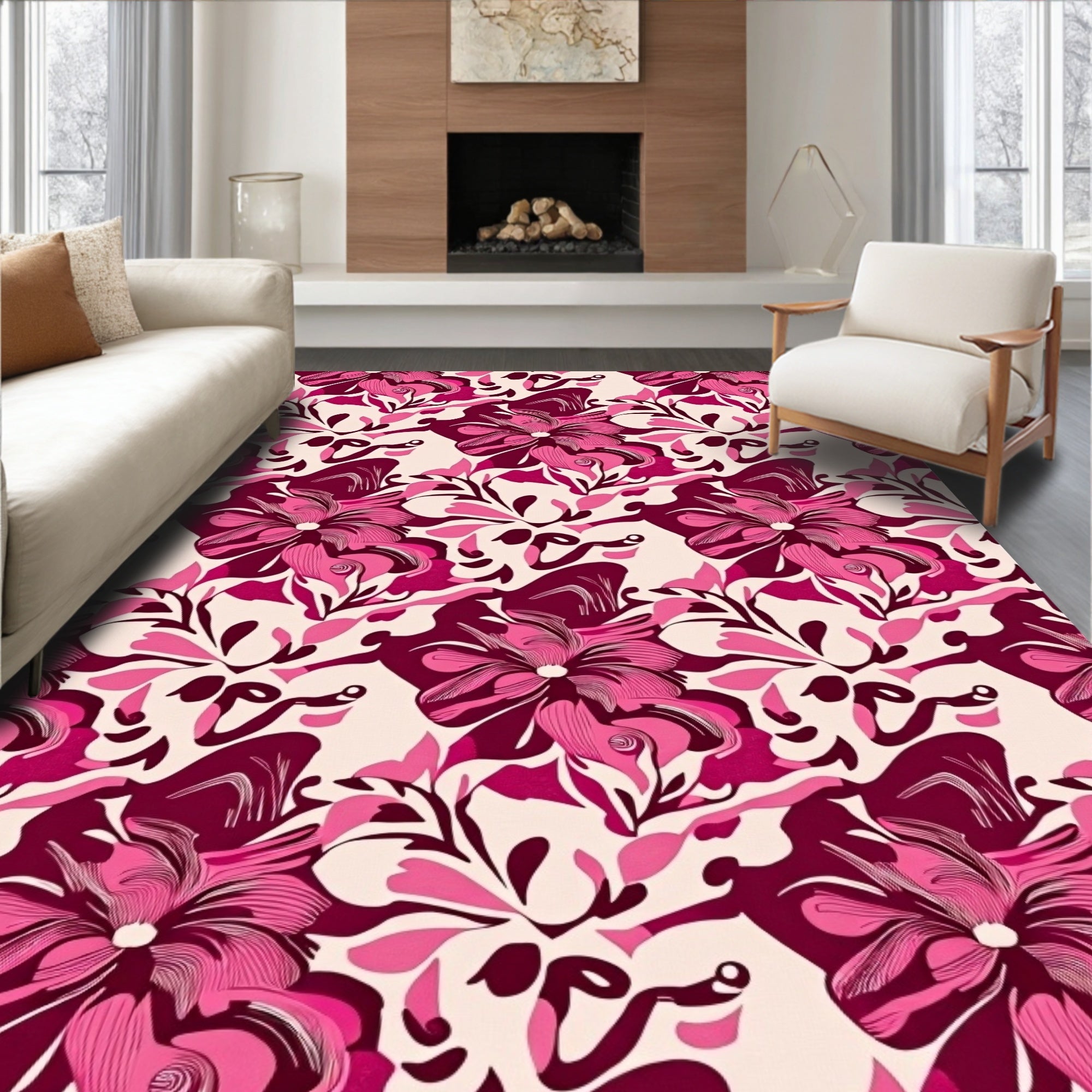 Crimson Pink Floral Garden Repeats Rug