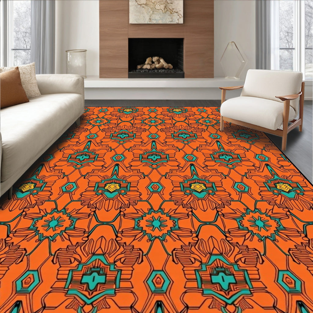Orange Turquoise Geometric Medallion Rug