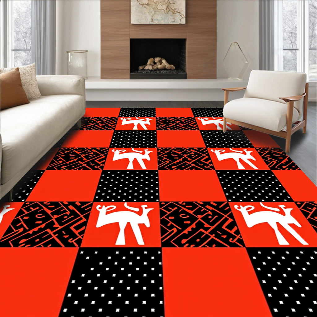 Bold Red White Deer Checkered Geometric Rug