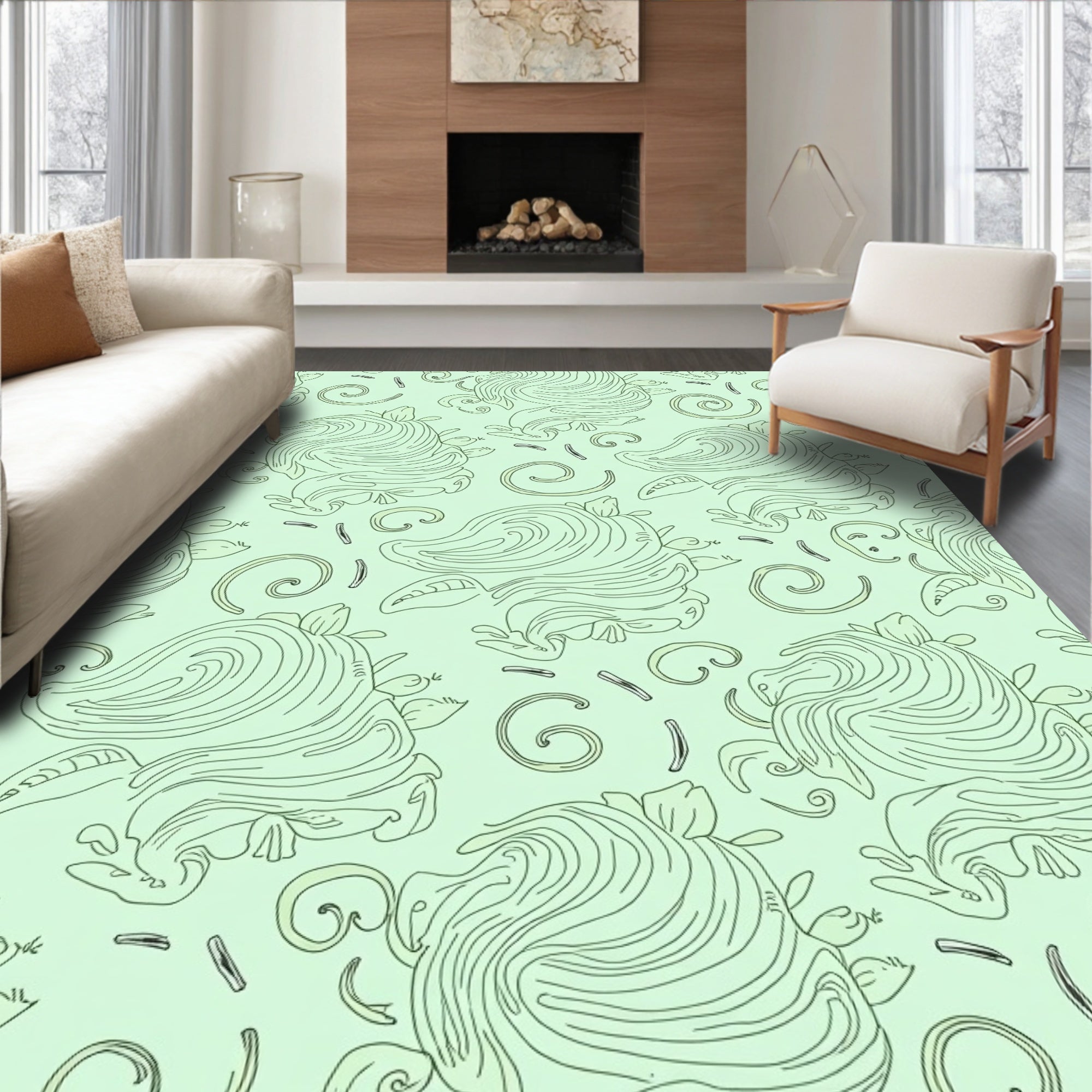 Whimsical Light Green Turtle Swirls Rug
