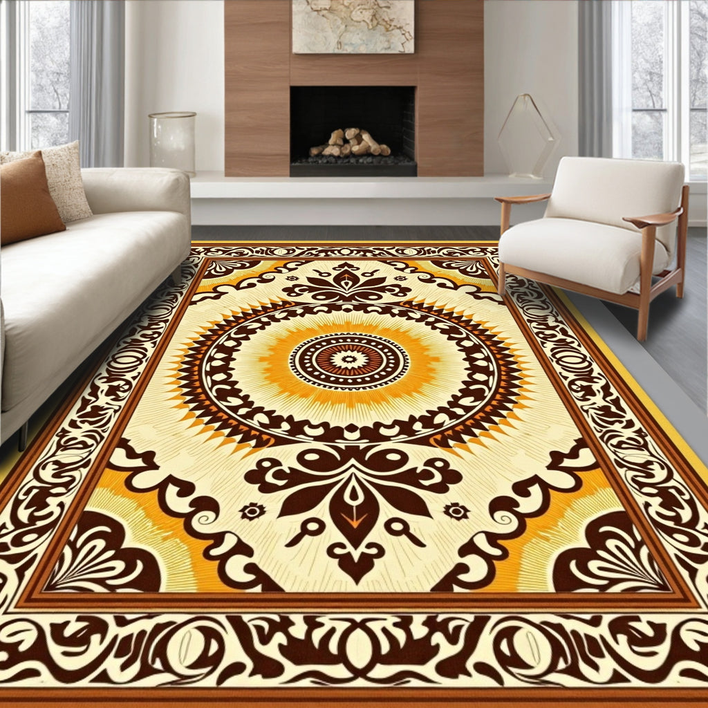 Retro Brown Sunburst Medallion Border Rug