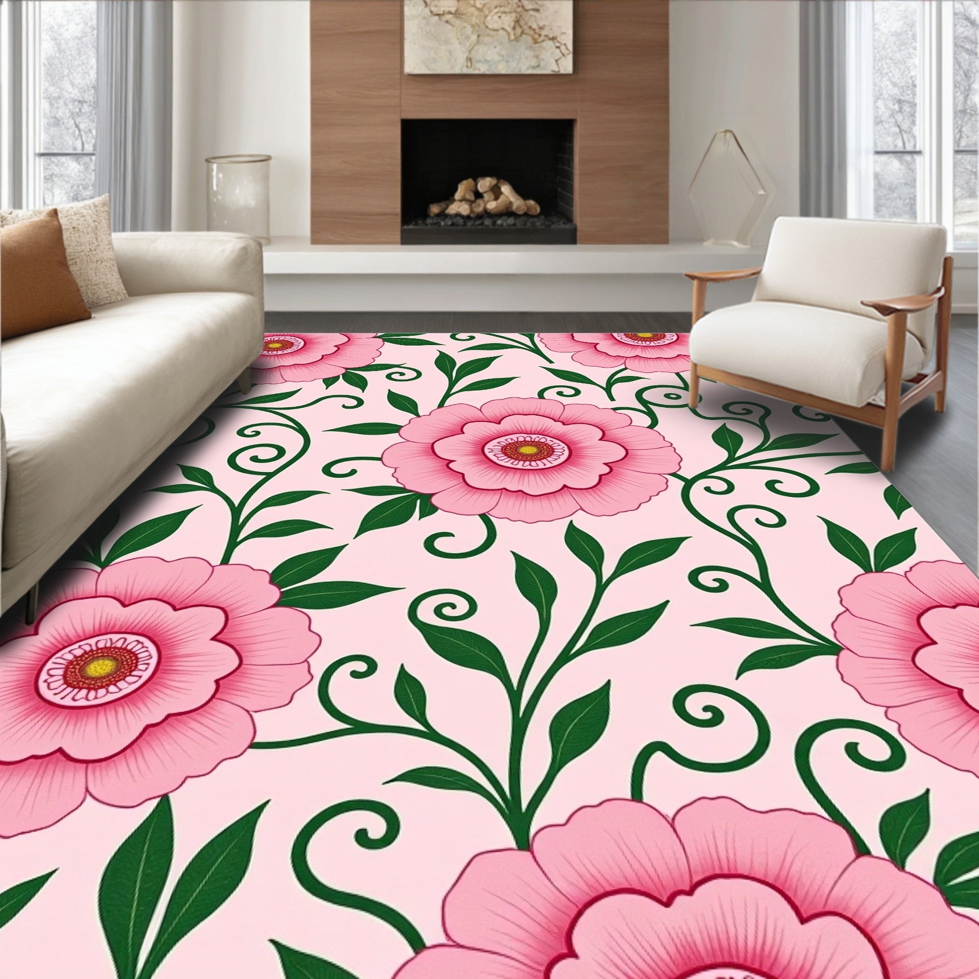 Pink Floral Vine Swirl Rug