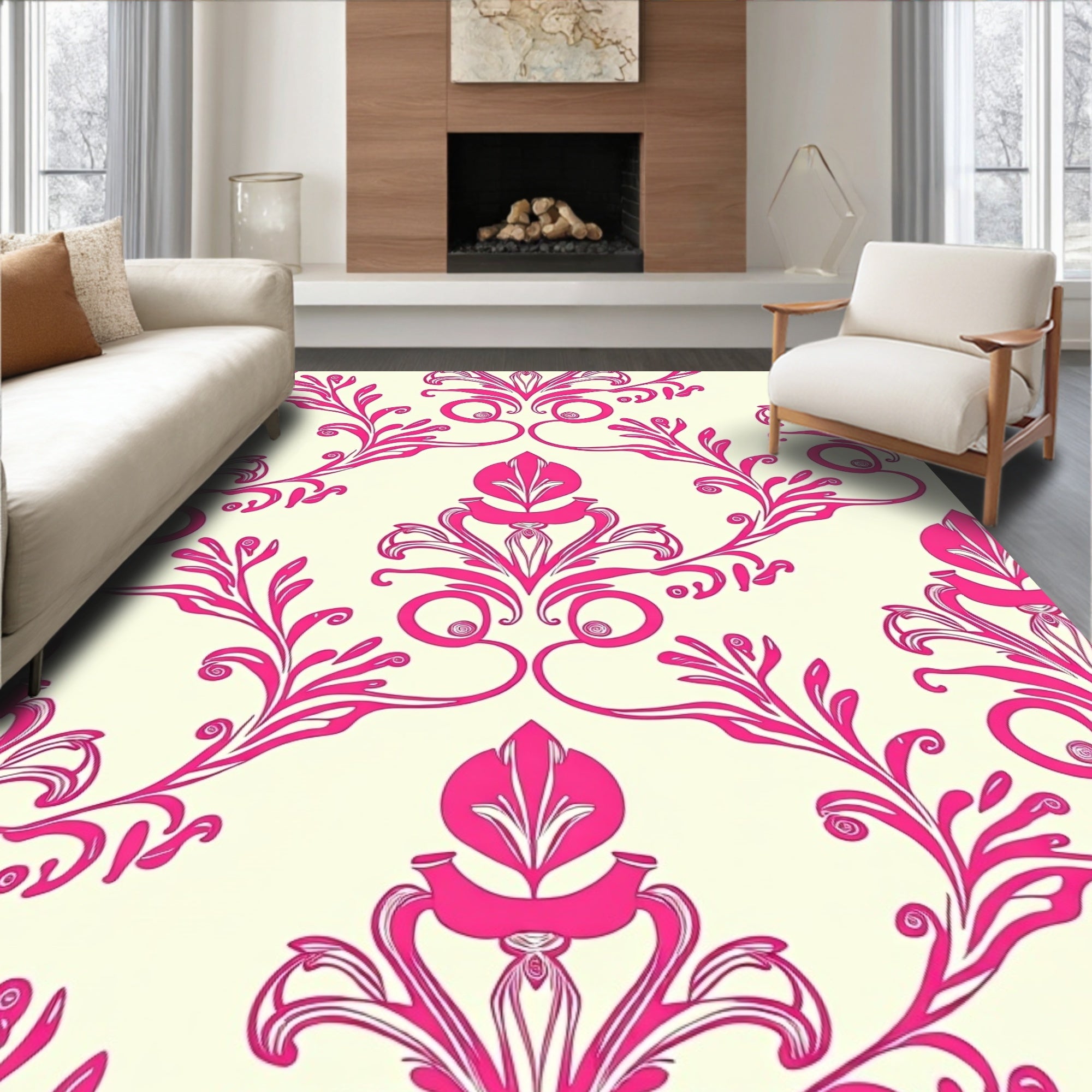 Vibrant Pink Floral Damask Rug