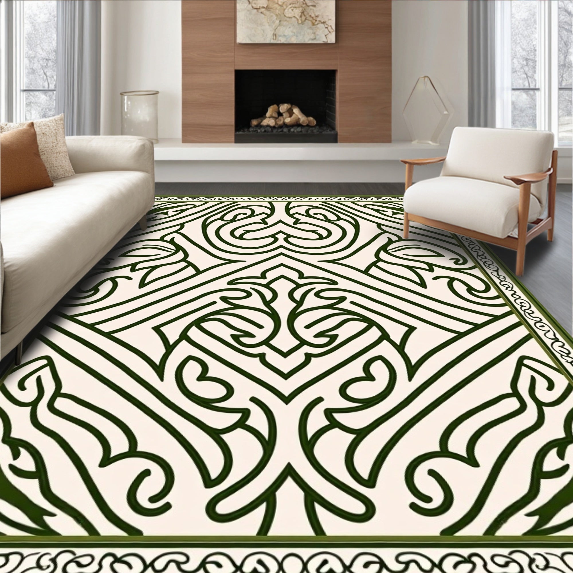 Dark Green Ornate Floral Medallion Rug
