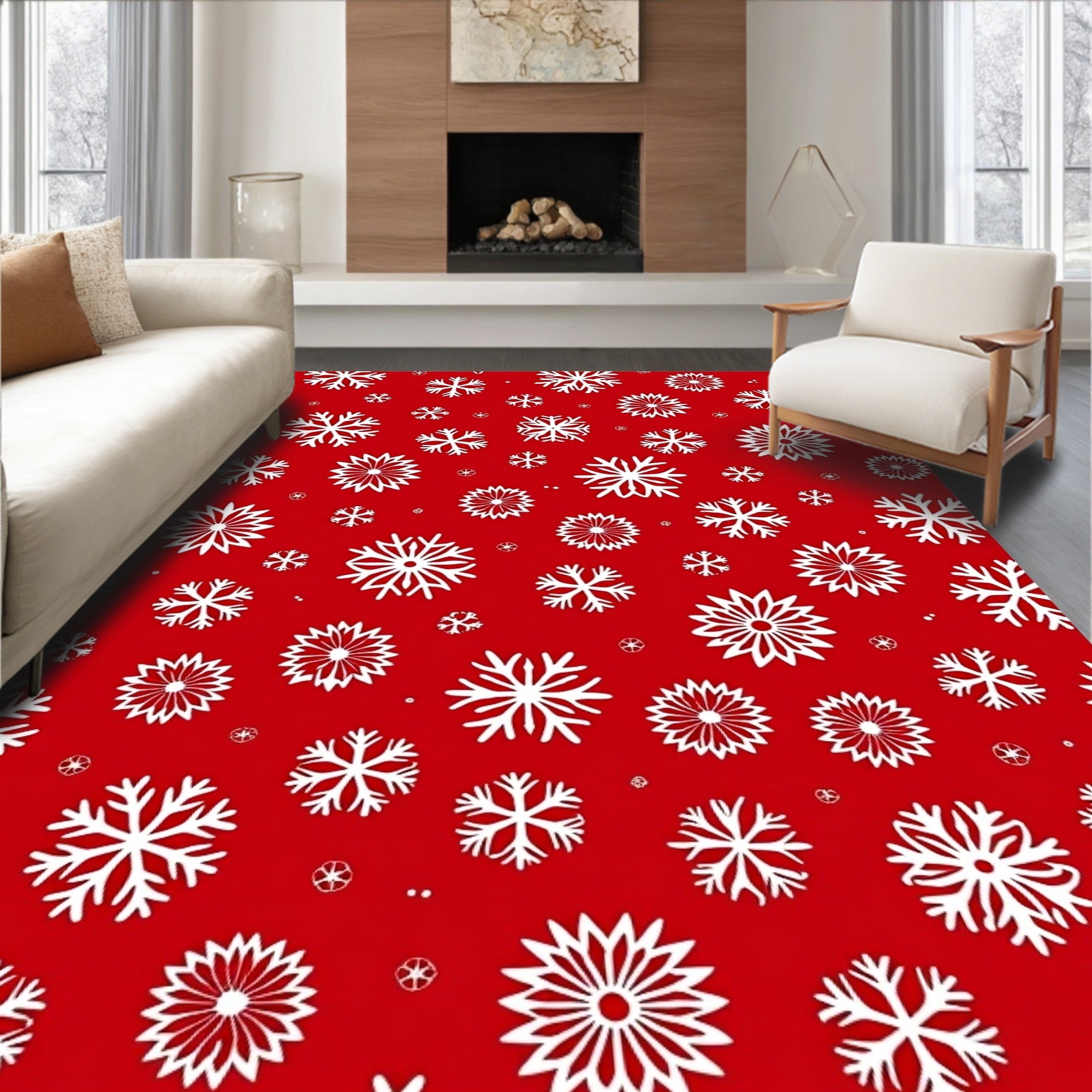 Elegant White Snowflakes Red Background Rug