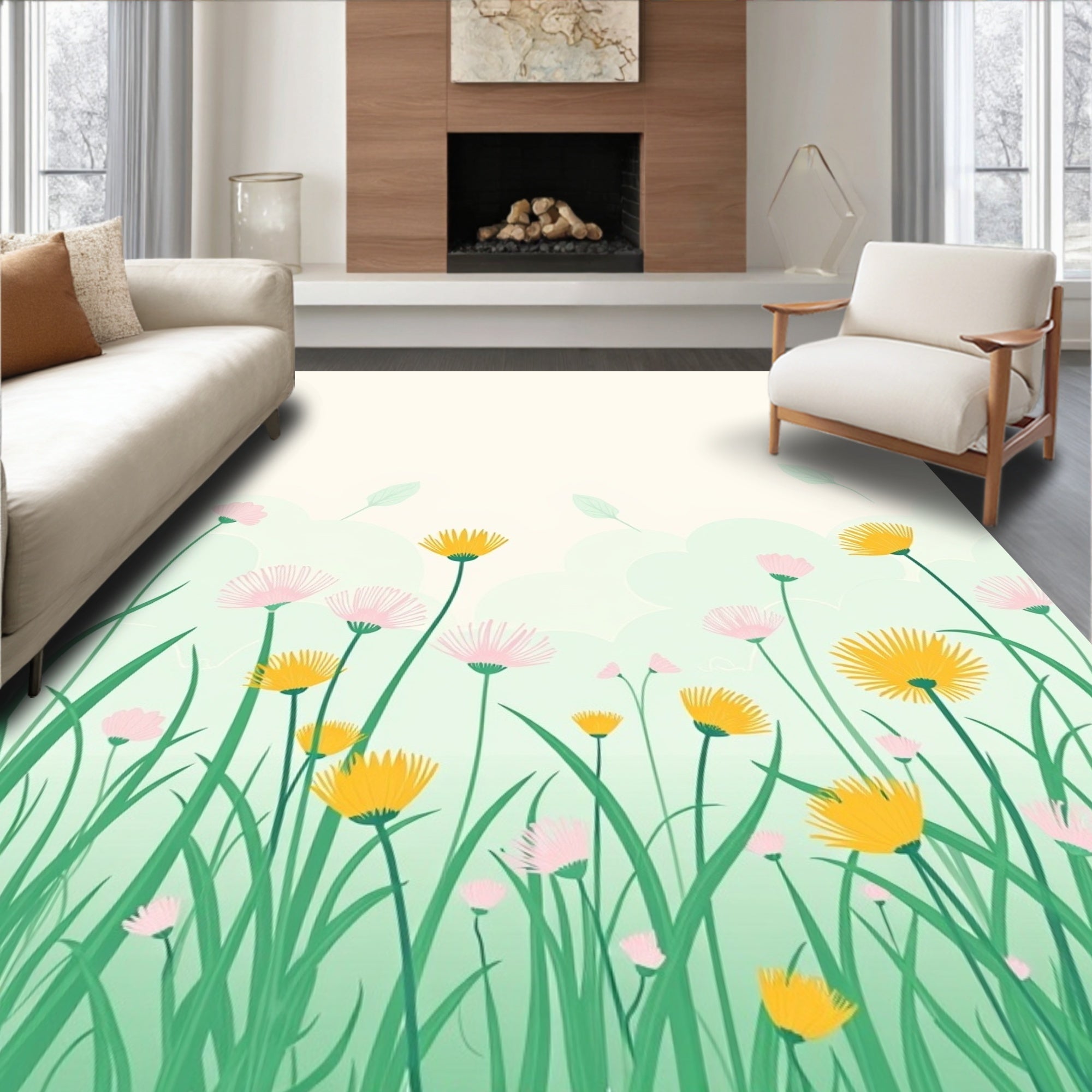Whimsical Pink Yellow Meadow Blooms Rug