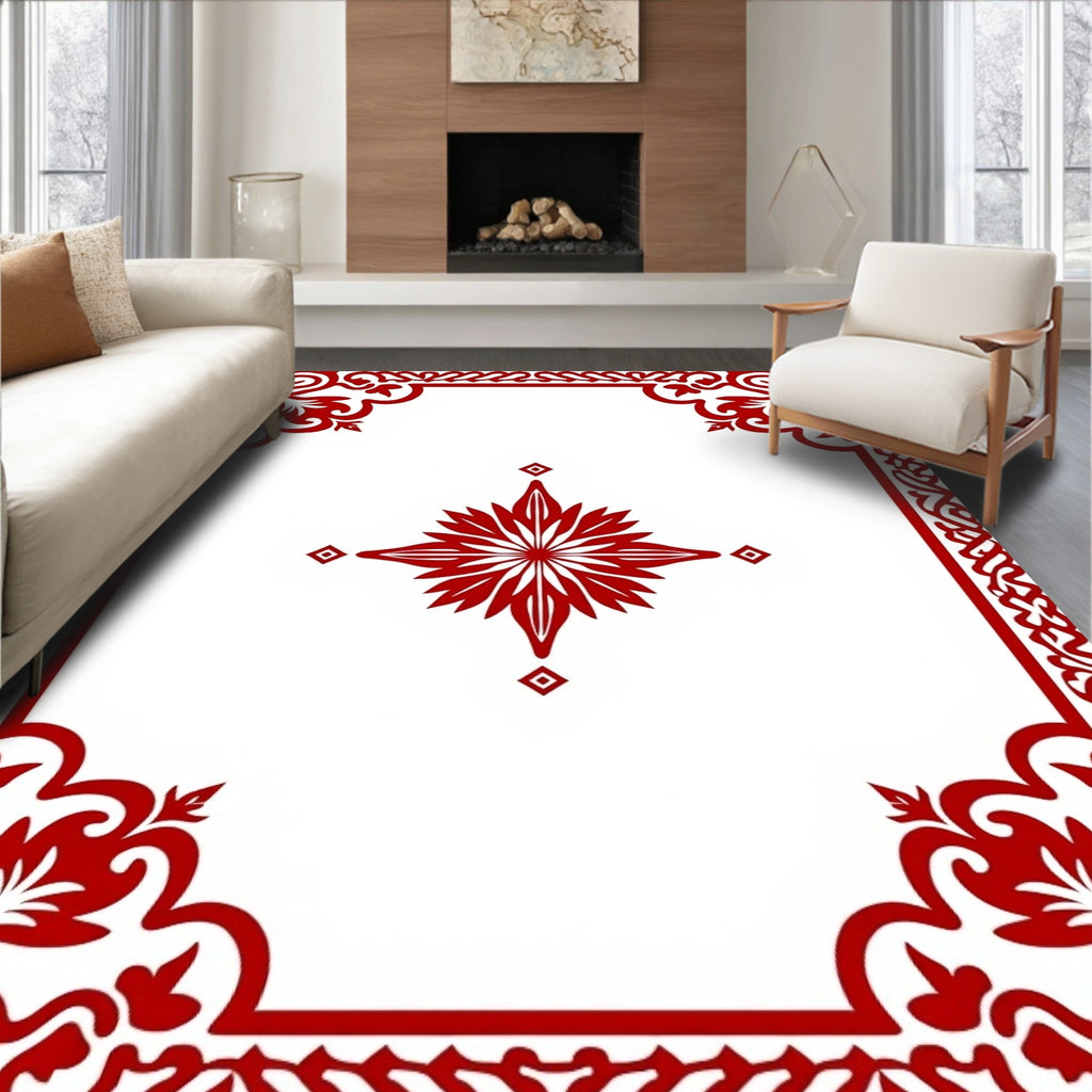 Crimson Ornamental Scrollwork Mandala Rug