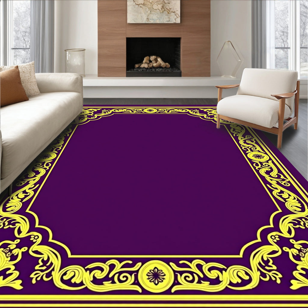 Vibrant Yellow Floral Border Purple Rug