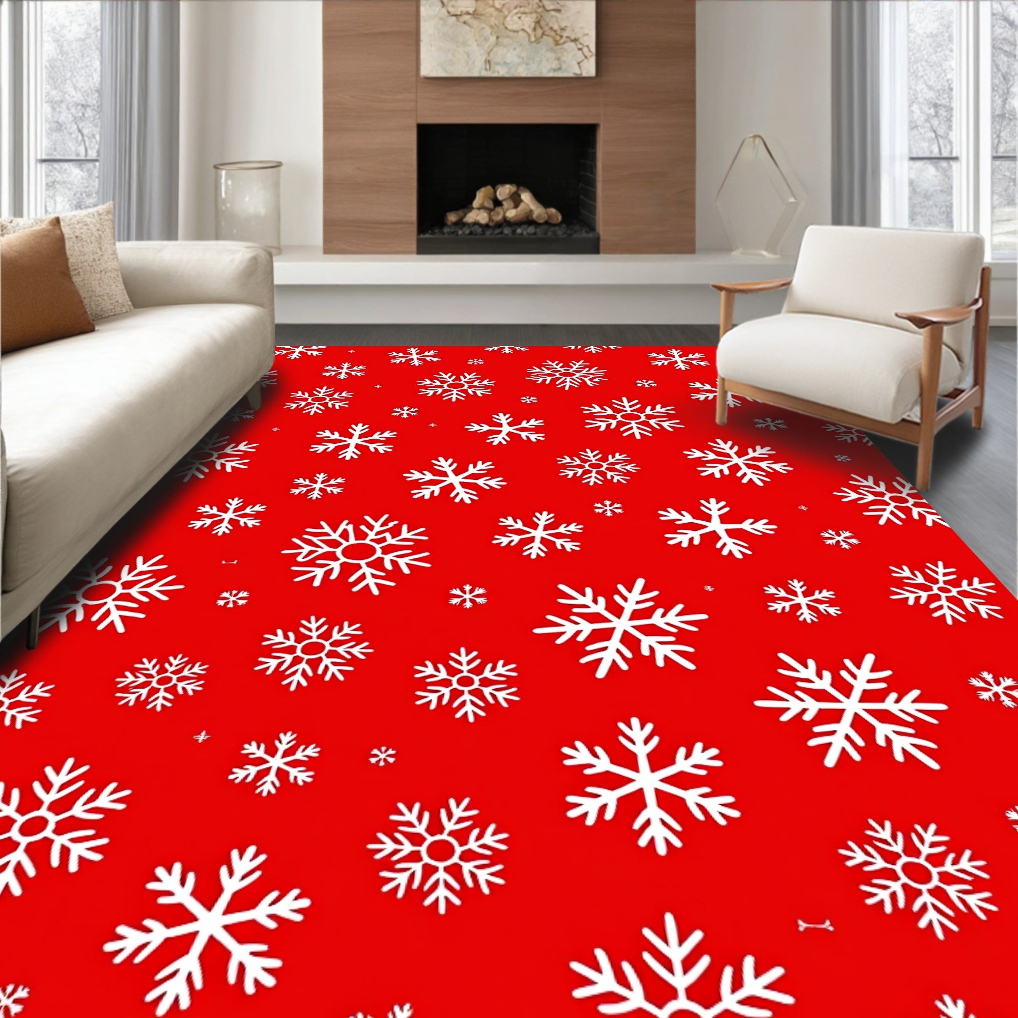 Crimson Red White Snowflake Cluster Rug