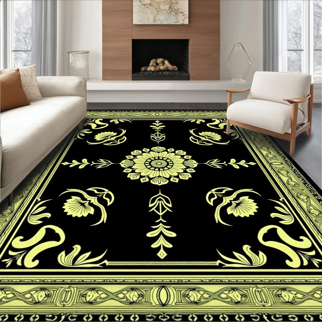 Black Yellow Floral Medallion Border Rug