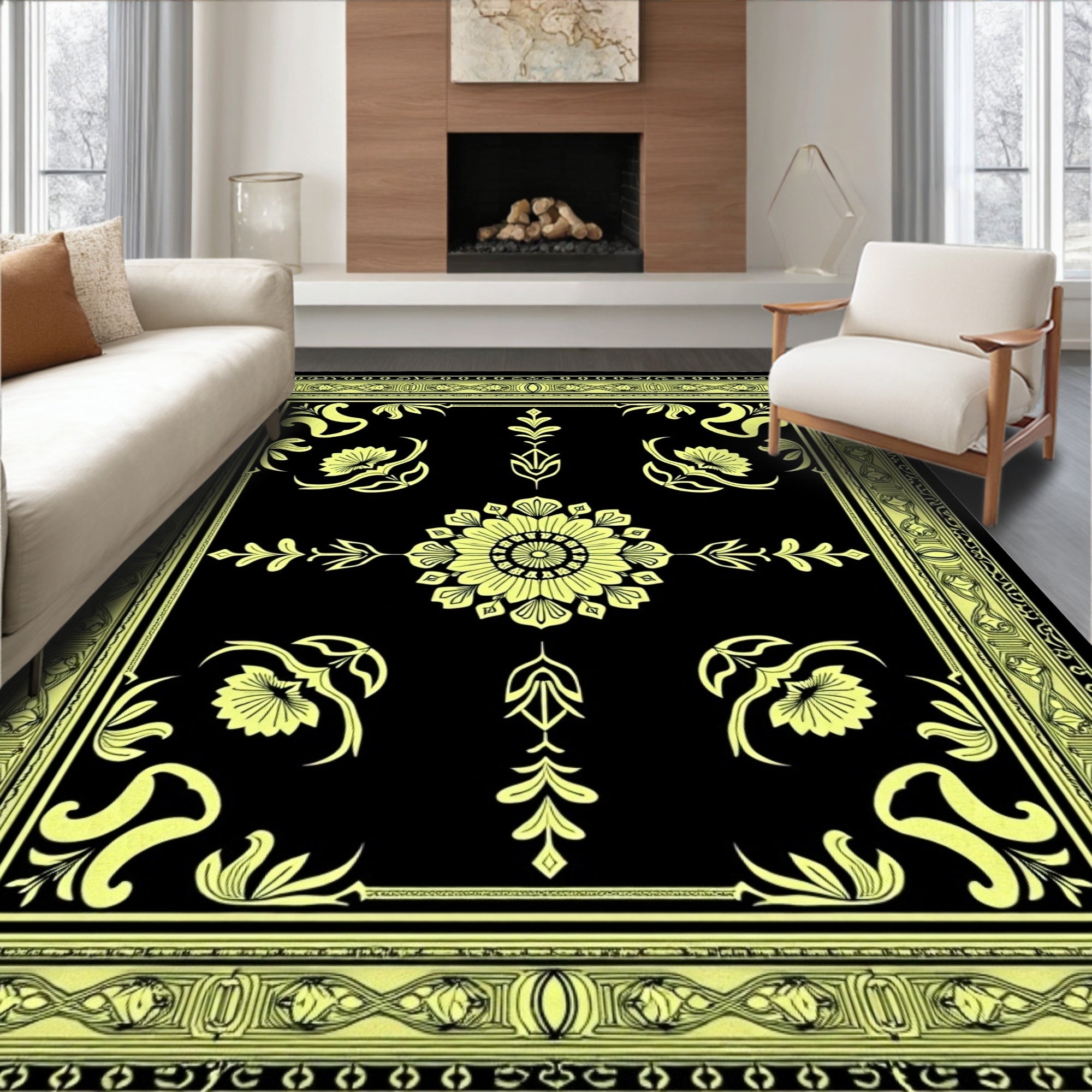 Black Yellow Floral Medallion Border Rug