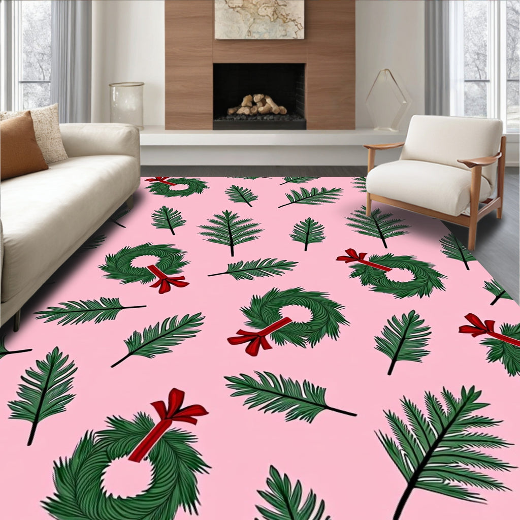 Pink Festive Green Wreath Foliage Rug
