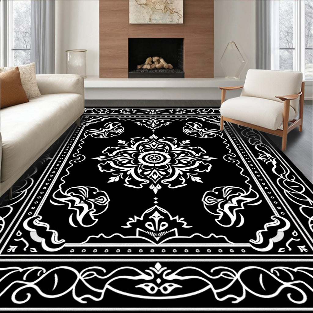 Black White Baroque Floral Medallion Rug