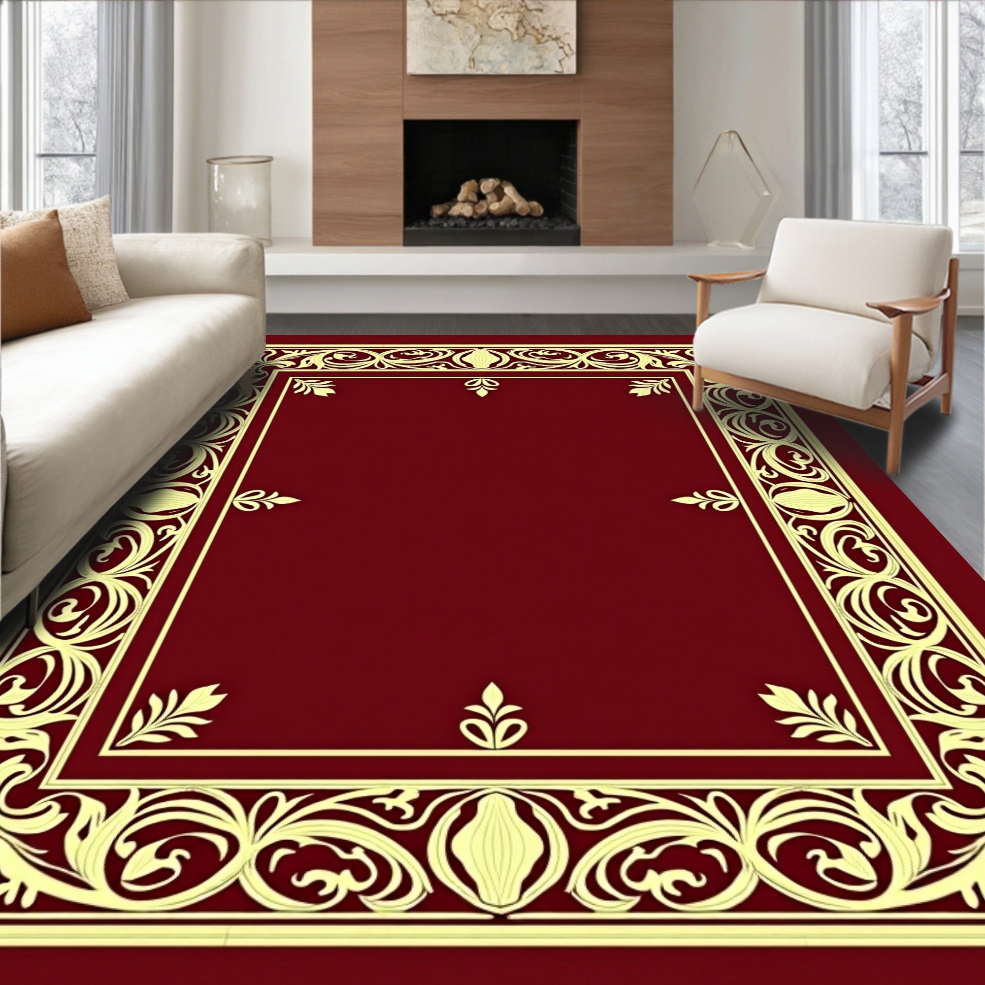Ornate Crimson Gold Floral Border Rug