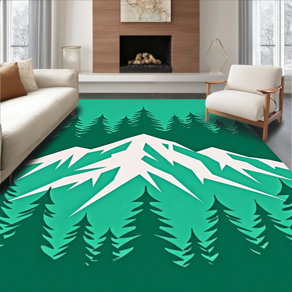 Evergreen Mountain Forest Scene Rug