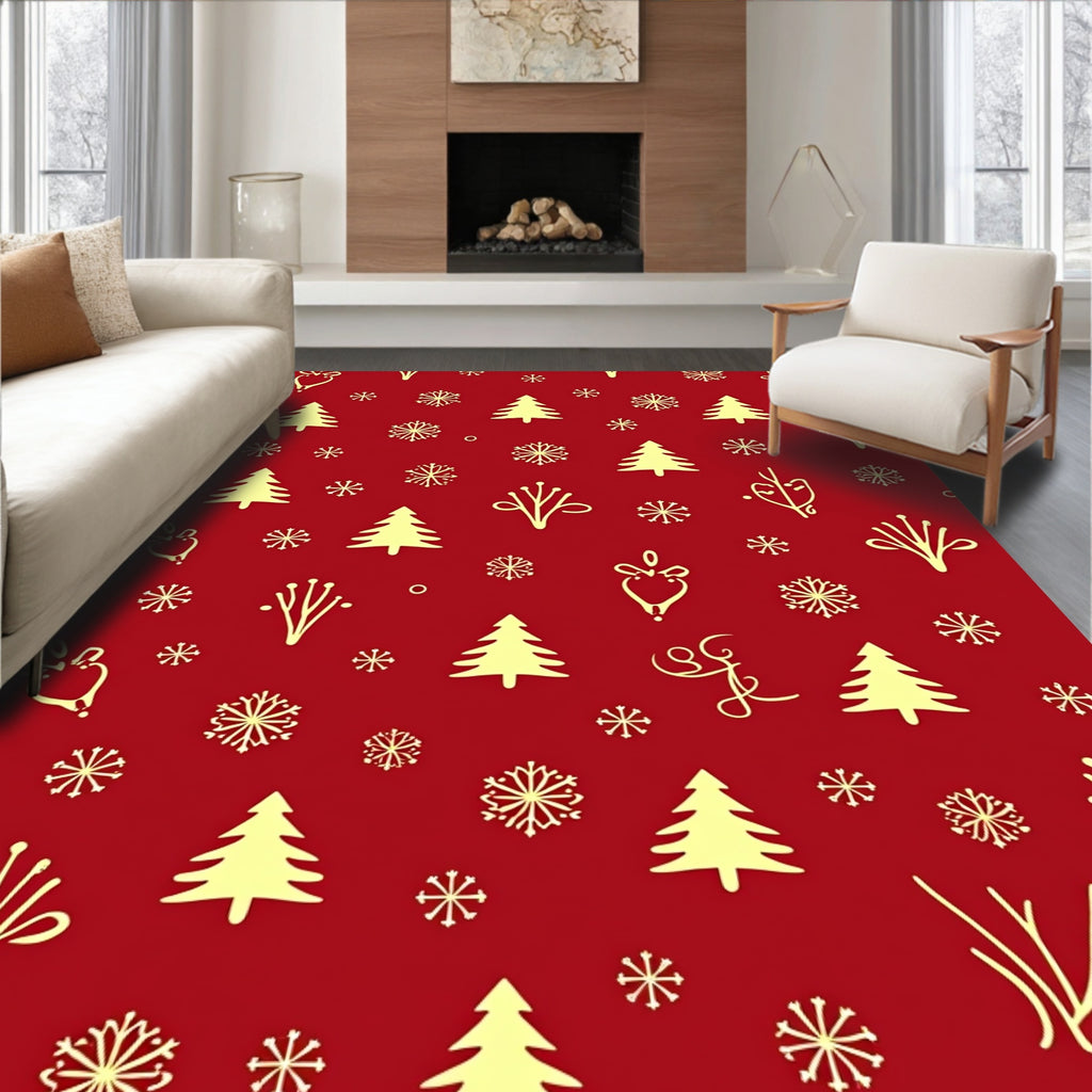 Festive Red Yellow Christmas Trees Snowflakes Rug