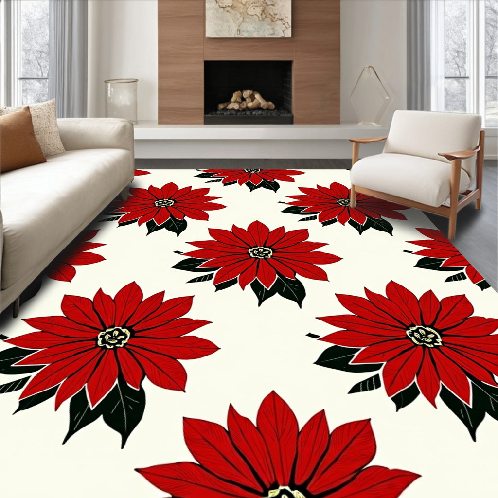 Vibrant Red Poinsettia Floral Rug