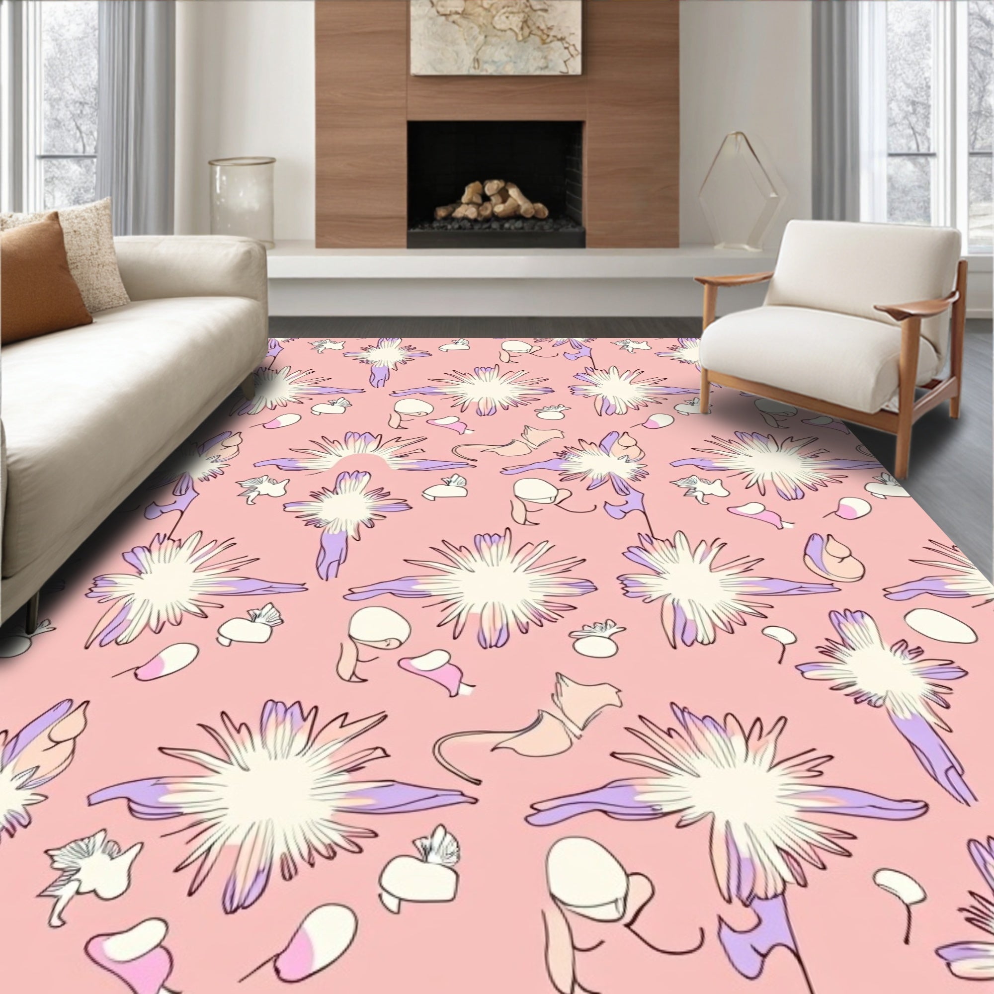 Pastel Pink Artistic Floral Burst Rug